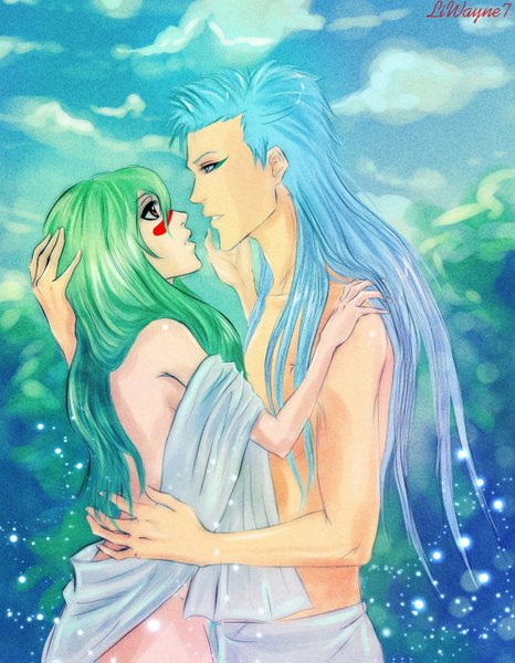 Anime picture 1000x1287 with bleach studio pierrot grimmjow jeagerjaques nelliel tu odelschwanck long hair tall image open mouth blue eyes light erotic red eyes bare shoulders green eyes blue hair sky armpit (armpits) couple face to face espada arrancar girl