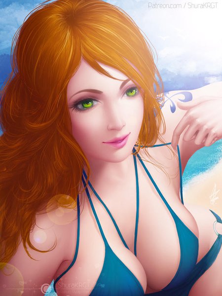Anime picture 600x800 with one piece toei animation nami (one piece) shurakrgt single long hair tall image fringe breasts light erotic large breasts bare shoulders green eyes signed looking away sky cleavage cloud (clouds) upper body outdoors