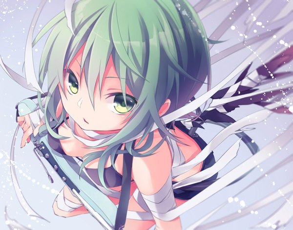 Anime picture 1400x1100 with vocaloid megpoid (vocaloid3) kuroi single looking at viewer fringe short hair breasts light erotic green eyes green hair looking up girl shorts short shorts bandage (bandages) bikini top guitar