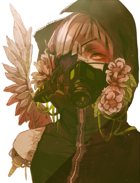 Anime picture 2092x2728 with original fasna single tall image fringe highres short hair simple background red eyes brown hair white background portrait looking up scar boy flower (flowers) plant (plants) wings hood leaf (leaves)