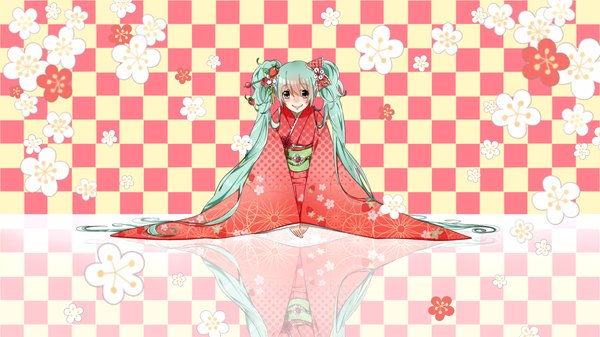 Anime picture 2500x1405 with vocaloid hatsune miku pafufu single looking at viewer blush highres smile wide image twintails very long hair traditional clothes japanese clothes aqua eyes aqua hair girl flower (flowers) kimono obi