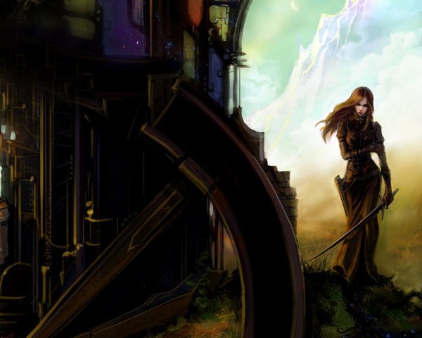 Anime picture 1280x1024 with right to decry (game) anndr (artist) single long hair brown hair standing sky mountain crescent girl dress gloves plant (plants) sword katana building (buildings) grass fireflies holster