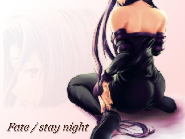 Anime picture 1024x768 with fate (series) fate/stay night studio deen type-moon rider single white background sitting bare shoulders purple hair very long hair from behind back girl dress detached sleeves pantyhose short dress