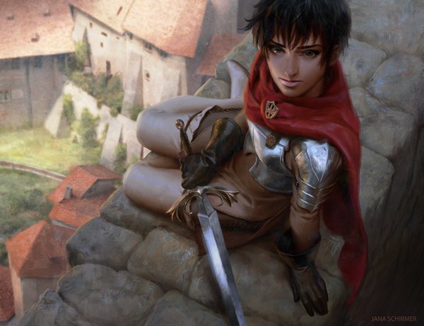 Anime picture 1537x1183 with berserk casca jana schirmer single looking at viewer fringe short hair black hair hair between eyes sitting holding brown eyes signed full body bent knee (knees) outdoors from above realistic arm support girl