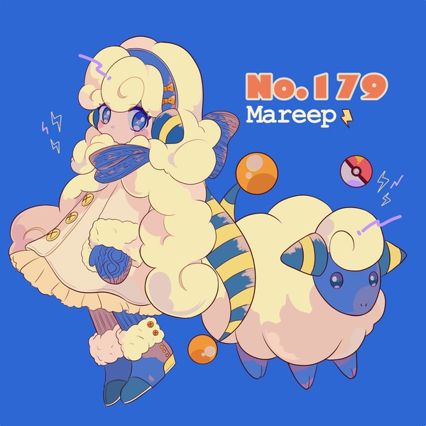 Anime picture 1923x1923 with pokemon nintendo mareep mameeekueya single long hair looking at viewer highres blue eyes simple background full body white hair character names blue background personification blush stickers gen 2 pokemon pokemon number girl headphones