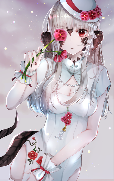 Anime picture 1000x1585 with final fantasy final fantasy xiv square enix au ra sakura mochiko single long hair tall image looking at viewer blush fringe breasts simple background red eyes silver hair tail blunt bangs nail polish traditional clothes parted lips