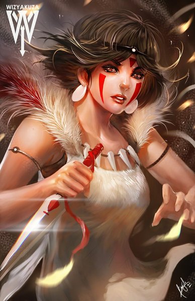 Anime picture 600x927 with mononoke hime studio ghibli san wizyakuza single long hair tall image looking at viewer fringe short hair breasts brown hair holding brown eyes signed parted lips wind realistic eyeshadow girl