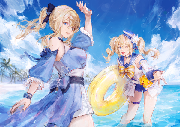 Anime picture 1200x848 with genshin impact jean gunnhildr barbara (genshin impact) barbara (summertime sparkle) (genshin impact) jean (sea breeze dandelion) (genshin impact) keiuu long hair looking at viewer fringe open mouth blue eyes blonde hair hair between eyes twintails multiple girls holding signed sky cloud (clouds) outdoors