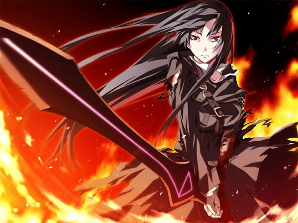 Anime picture 1024x768 with dies irae long hair black hair red eyes game cg girl sword