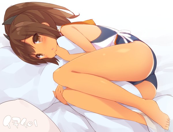 Anime picture 1000x766 with kantai collection i-401 aircraft carrying submarine watanohara single looking at viewer blush open mouth light erotic simple background brown hair white background bare shoulders brown eyes payot ass ponytail lying barefoot legs hug
