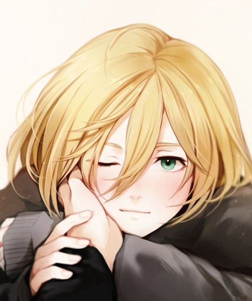 Anime picture 943x1121 with yuri!!! on ice mappa yuri plisetsky pinkiepies2 tall image looking at viewer blush fringe short hair simple background blonde hair hair between eyes white background green eyes upper body ahoge one eye closed light smile blurry solo focus