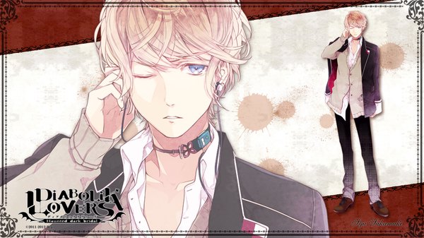 Anime picture 1920x1080 with diabolik lovers idea factory sakamaki shuu single looking at viewer highres short hair blonde hair wide image one eye closed wink inscription vampire boy uniform school uniform choker headphones