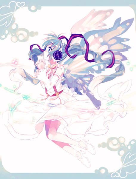 Anime picture 1000x1316 with vocaloid hatsune miku amezawa koma single long hair tall image blue eyes twintails bare shoulders blue hair ahoge profile tattoo glowing hands clasped girl dress ribbon (ribbons) bow hair ribbon