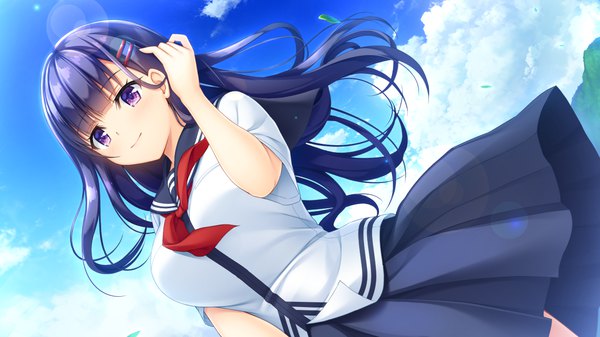 Anime picture 1280x720 with natural vacation hibiki works fujisaki haruka asami asami single long hair black hair smile wide image purple eyes looking away game cg sky cloud (clouds) wind adjusting hair girl uniform serafuku