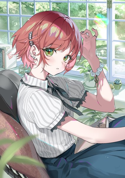 Anime picture 1414x2000 with original midori foo single tall image looking at viewer blush short hair sitting green eyes red hair indoors arm up puffy sleeves striped girl plant (plants) earrings bracelet window hairclip