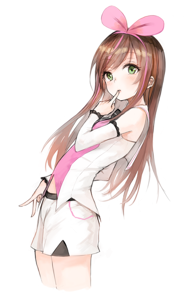 Anime picture 984x1557 with virtual youtuber a.i. channel kizuna ai broche (timpet) single long hair tall image looking at viewer fringe short hair simple background brown hair standing white background green eyes multicolored hair two-tone hair streaked hair finger to mouth victory