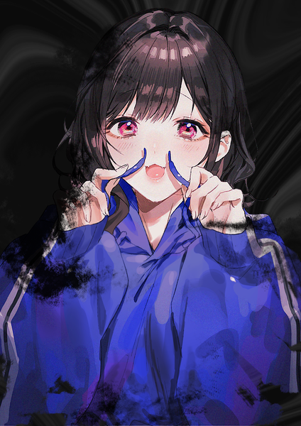 Anime picture 1191x1684 with original sinomi single long hair tall image looking at viewer blush fringe open mouth black hair simple background smile upper body blunt bangs long sleeves :d pink eyes fang (fangs) black background sleeves past wrists