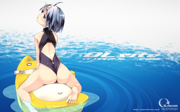 Anime picture 1920x1200 with dlsite.com elle sweet refeia blush highres short hair blue eyes light erotic wide image blue hair ass girl swimsuit