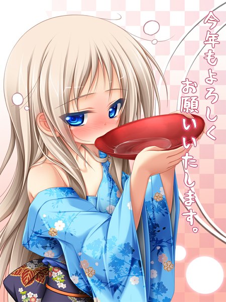 Anime picture 750x1000 with little busters! key (studio) noumi kudryavka mizunoe kotaru single long hair tall image blush blue eyes blonde hair bare shoulders traditional clothes japanese clothes inscription hieroglyph checkered checkered background girl belt alcohol