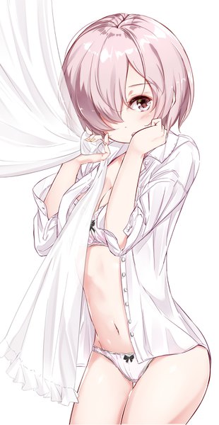 Anime picture 2000x3870 with fate (series) fate/grand order mash kyrielight hamaken. (novelize) single tall image looking at viewer blush fringe highres short hair breasts open mouth light erotic simple background white background purple eyes pink hair hair over one eye open clothes