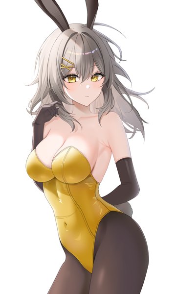 Anime picture 2896x4831 with honkai: star rail honkai (series) trailblazer (honkai: star rail) stelle (honkai: star rail) hasom single long hair tall image looking at viewer blush fringe highres breasts light erotic simple background hair between eyes large breasts standing white background animal ears