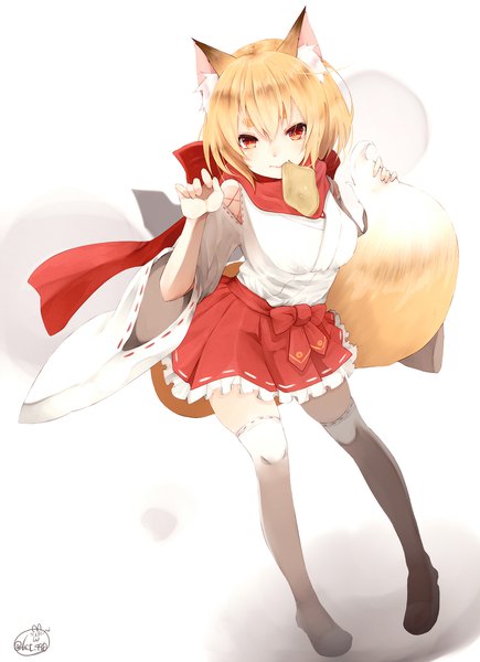 Anime picture 1450x2000 with original chita (ketchup) single tall image looking at viewer fringe short hair breasts simple background blonde hair smile hair between eyes standing white background bare shoulders holding brown eyes signed animal ears full body