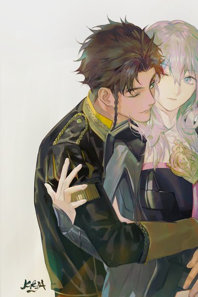 Anime picture 1400x2100 with fire emblem fire emblem: three houses nintendo byleth (fire emblem) byleth (female) (fire emblem) claude von riegan kkia long hair tall image fringe short hair blue eyes simple background hair between eyes brown hair standing blue hair looking away one eye closed hug