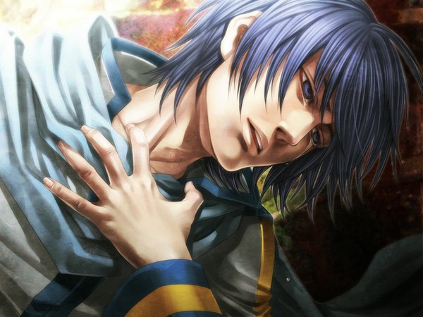 Anime picture 1000x750 with vocaloid kaito (vocaloid) ujuju single short hair open mouth blue eyes blue hair tears hand on chest crying boy scarf teardrop hand