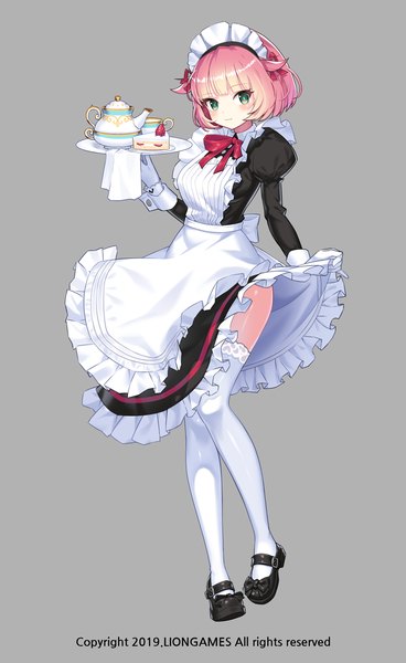 Anime picture 872x1421 with soul worker chii aruel lim jaejin single tall image looking at viewer blush fringe short hair light erotic simple background standing holding green eyes pink hair full body bent knee (knees) blunt bangs grey background maid