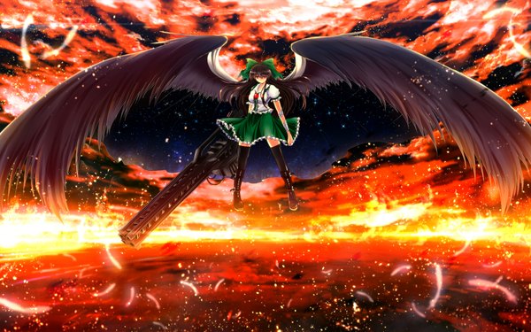 Anime picture 1920x1200 with touhou reiuji utsuho nekominase single long hair highres black hair red eyes wide image cloud (clouds) starry sky print arm cannon space print girl thighhighs dress skirt bow weapon black thighhighs
