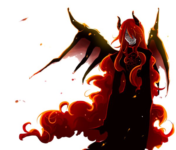 Anime picture 1748x1492 with seisen no iberia sound horizon shaytan rita (artist) long hair looking at viewer fringe highres simple background red eyes white background red hair very long hair horn (horns) hair over one eye orange hair tattoo wavy hair bat wings demon