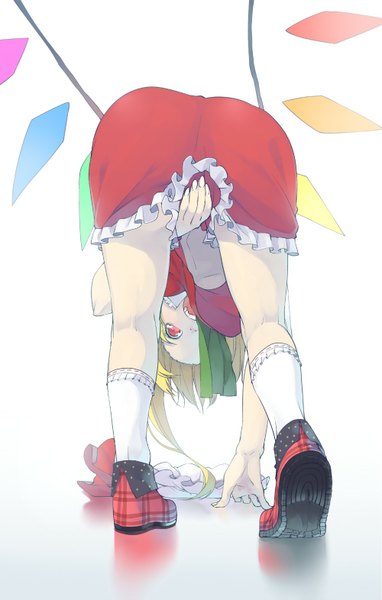 Anime picture 1000x1571 with touhou flandre scarlet haruba negi single long hair tall image open mouth light erotic simple background blonde hair red eyes white background legs one side up soles covering between legs girl skirt wings