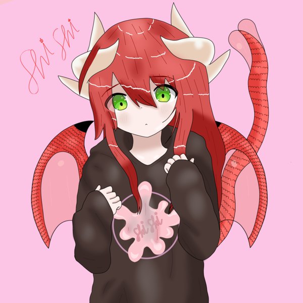 Anime picture 1500x1500 with original shishi gum single long hair looking at viewer blush fringe simple background green eyes signed red hair tail long sleeves horn (horns) sleeves past wrists pink background dragon girl dragon tail dragon wings girl