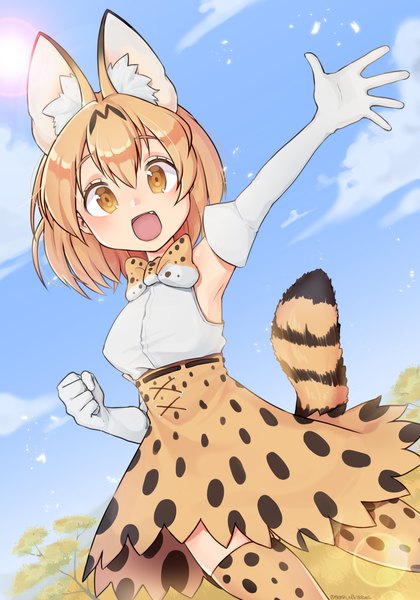 Anime-Bild 1400x2000 mit kemono friends serval (kemono friends) taemin (artist) single tall image looking at viewer fringe short hair open mouth blonde hair hair between eyes brown eyes animal ears sky cloud (clouds) outdoors tail animal tail armpit (armpits) lens flare