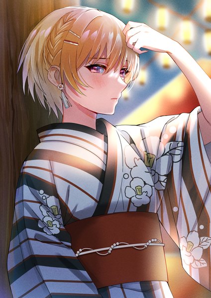 Anime picture 1158x1637 with idolmaster idolmaster shiny colors saijou juri 8n0 g single tall image fringe short hair blonde hair hair between eyes upper body outdoors traditional clothes japanese clothes pink eyes arm up blurry girl earrings obi