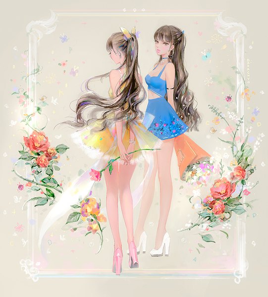 Anime picture 850x943 with original dadachyo long hair tall image fringe brown hair standing multiple girls brown eyes full body ponytail blunt bangs from behind high heels hands behind back half updo long legs girl dress flower (flowers)