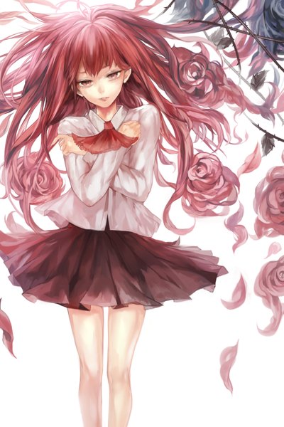 Anime picture 1000x1500 with original tcb (pixiv) single long hair tall image fringe simple background white background pink hair pink eyes lips girl uniform flower (flowers) school uniform shirt petals rose (roses)