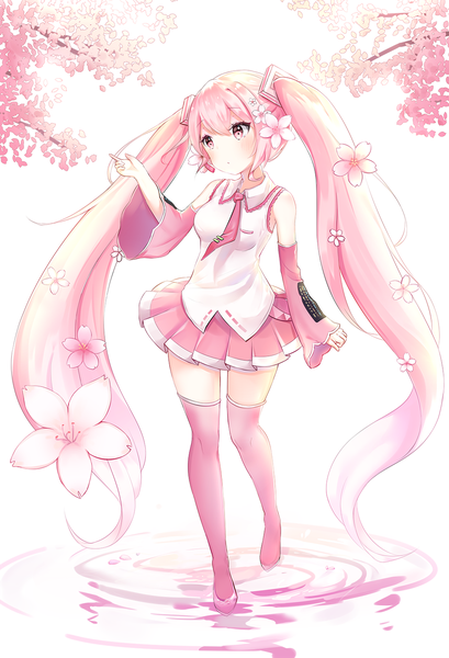 Anime picture 1000x1467 with vocaloid hatsune miku sakura miku namaka single tall image fringe highres hair between eyes standing white background twintails looking away pink hair full body very long hair pleated skirt pink eyes arm up hair flower