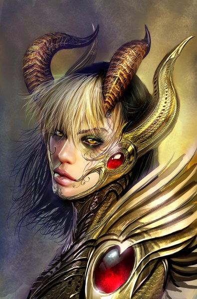 Anime picture 1054x1600 with witchblade nebezial single long hair tall image black hair blonde hair multicolored hair horn (horns) lips realistic two-tone hair orange eyes eyeshadow girl armor