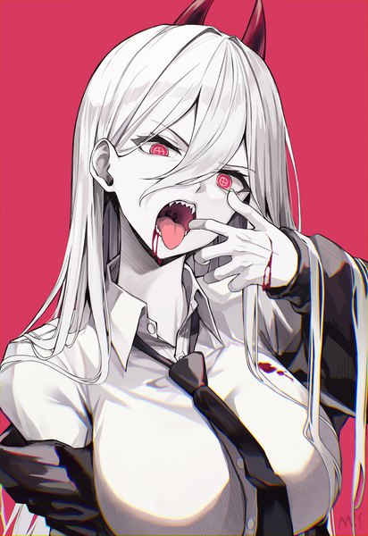 Anime picture 1500x2186 with chainsaw man mappa power (chainsaw man) myung yi single long hair tall image looking at viewer fringe breasts open mouth simple background hair between eyes large breasts long sleeves head tilt arm up horn (horns) off shoulder teeth