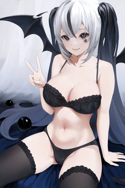 Anime picture 4000x6000 with original egk513 single long hair tall image looking at viewer fringe highres breasts open mouth light erotic black hair hair between eyes large breasts sitting twintails payot absurdres silver hair multicolored hair