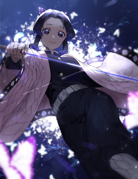 Anime picture 980x1266 with kimetsu no yaiba ufotable kochou shinobu giji (gishi2186) single tall image looking at viewer short hair smile standing purple eyes holding payot purple hair nail polish traditional clothes japanese clothes wide sleeves from below light