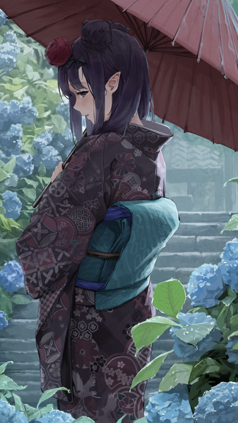 Anime picture 2304x4096 with virtual youtuber hololive hololive english ninomae ina'nis ninomae ina'nis (4th costume) kanoe (tatsukanoe) single tall image blush highres short hair open mouth standing signed purple hair outdoors long sleeves traditional clothes japanese clothes profile