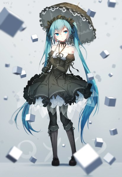 Anime picture 618x900 with vocaloid hatsune miku qys3 single tall image looking at viewer twintails very long hair aqua eyes aqua hair girl dress gloves black gloves elbow gloves frills black dress umbrella lolita hairband