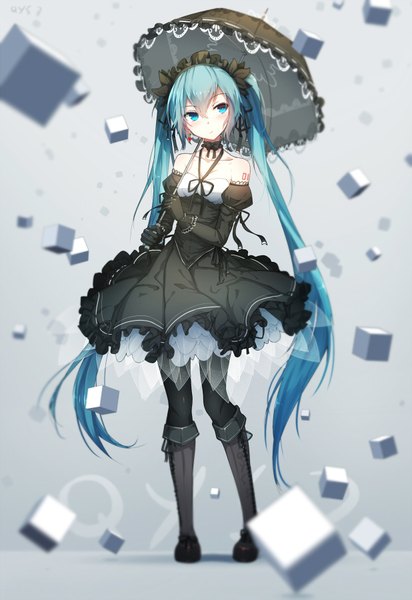 Anime-Bild 618x900 mit vocaloid hatsune miku qys3 single tall image looking at viewer twintails very long hair aqua eyes aqua hair girl dress gloves black gloves elbow gloves frills black dress umbrella lolita hairband