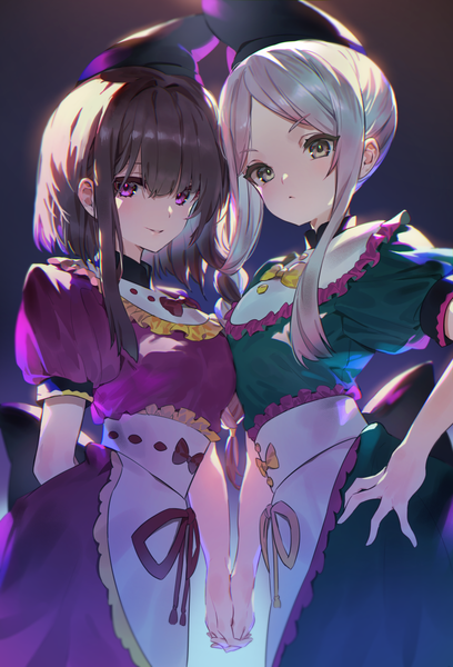 Anime picture 836x1228 with touhou nishida satono teireida mai uu uu zan tall image looking at viewer fringe short hair simple background hair between eyes brown hair standing purple eyes multiple girls brown eyes payot silver hair puffy sleeves hand on hip holding hands