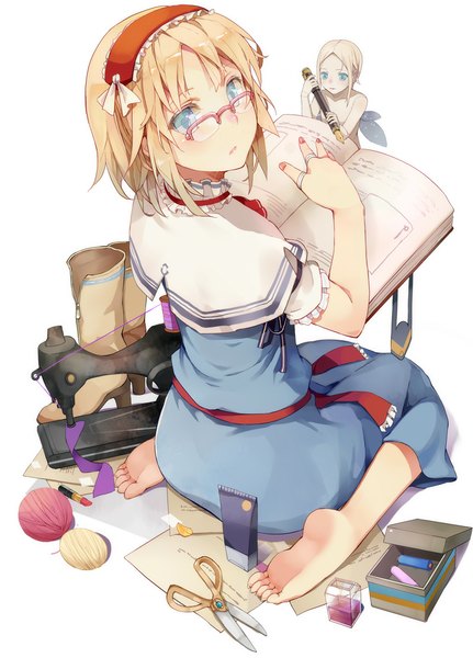 Anime picture 800x1114 with touhou alice margatroid evers (artist) single tall image blush short hair blue eyes simple background white background nail polish looking back barefoot red nail polish girl dress glasses shoes hairband book (books)