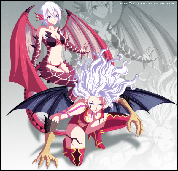 Anime picture 1300x1250 with fairy tail mirajane strauss lisanna strauss belucen long hair short hair blue eyes light erotic multiple girls white hair pointy ears midriff coloring demon girl framed bat wings zoom layer girl 2 girls claws