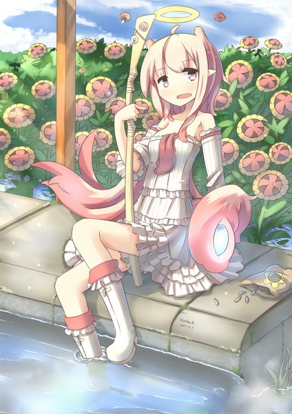 Anime picture 2480x3507 with original hinbackc single long hair tall image looking at viewer highres open mouth sitting bare shoulders holding signed pink hair ahoge :d pink eyes pointy ears dated soaking feet girl