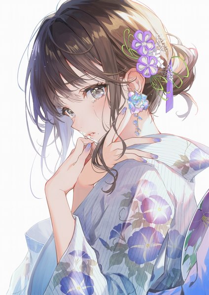 Anime picture 905x1280 with original haru (hiyori-kohal) single tall image looking at viewer blush short hair simple background brown hair white background upper body traditional clothes parted lips japanese clothes hair flower mole wide sleeves grey eyes hair bun (hair buns) tears
